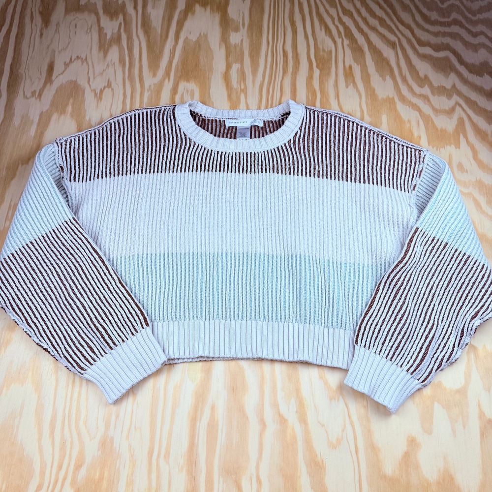 Altar'd State Women Large Striped Cropped Ribbed Knit Sweater Blue Brown Cream